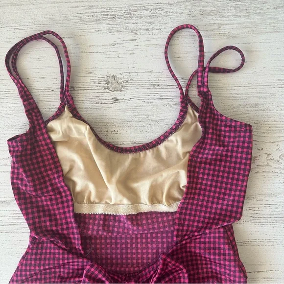 VINTAGE 80s Gingham High Cut Bow One Piece Swimsuit Dunkis of New York Hot Pink - Picture 7 of 14